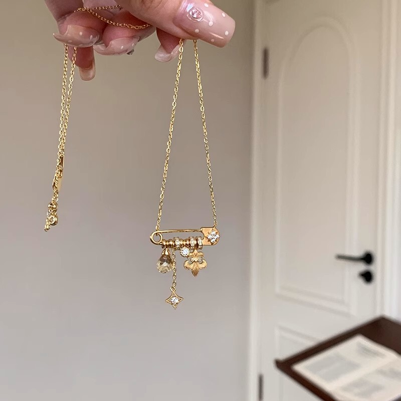 中古拉丝鸢尾花星芒黄水晶吊坠别针项链高颜值精致百搭锁骨链颈链|undefined