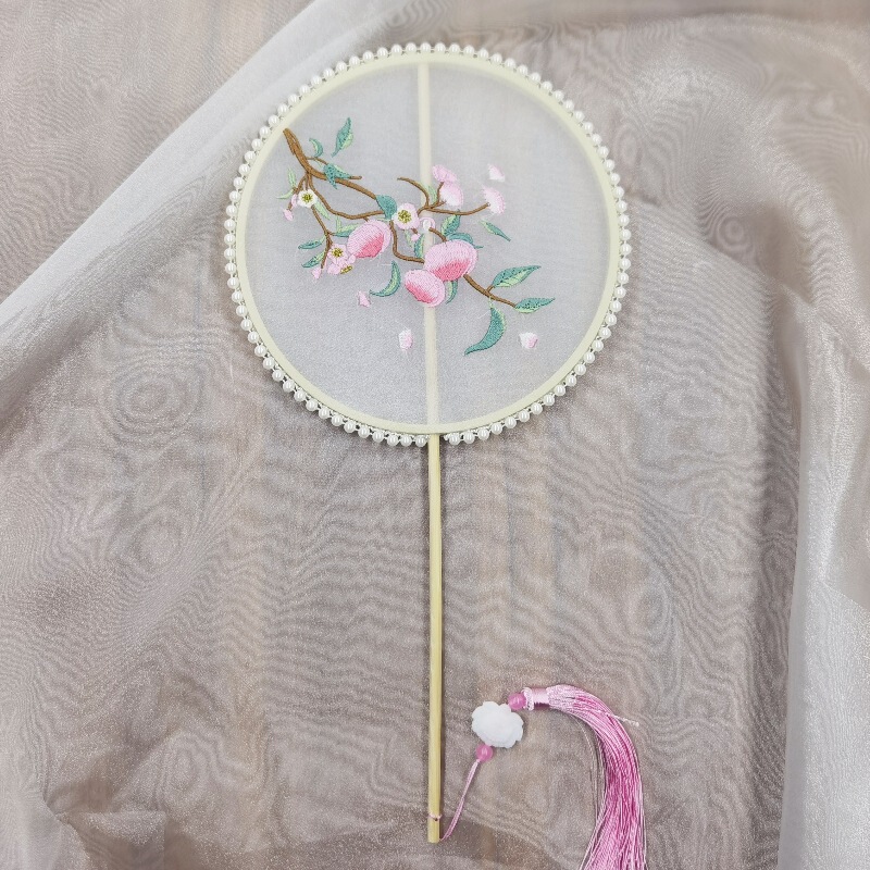 真珠手作り扇子、刺繍扇子、古風丸型扇子、民族風刺繍扇子、古典舞踊扇子|undefined