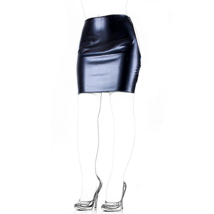 艾斯乐 Black polyurethane sexy mini-skirt, skirt, hip-accented