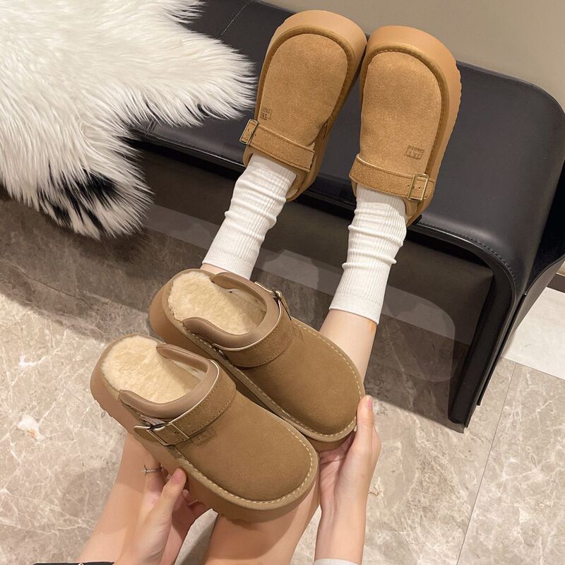 Size 35-42 Large Size Thick-Soled Furry Birkenstock-Style Half-Slippers for Women, Autumn and Winter 2026 New Style, Fleece-Lined Snow Boots, Cotton Slippers