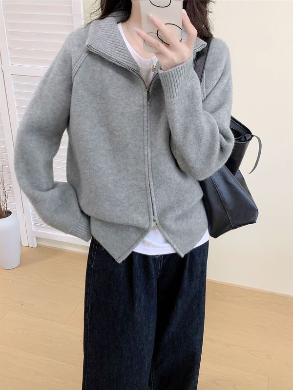 韩版2025年秋冬加厚毛衣外套女简约宽松立领拉链毛针织开衫上衣女|undefined