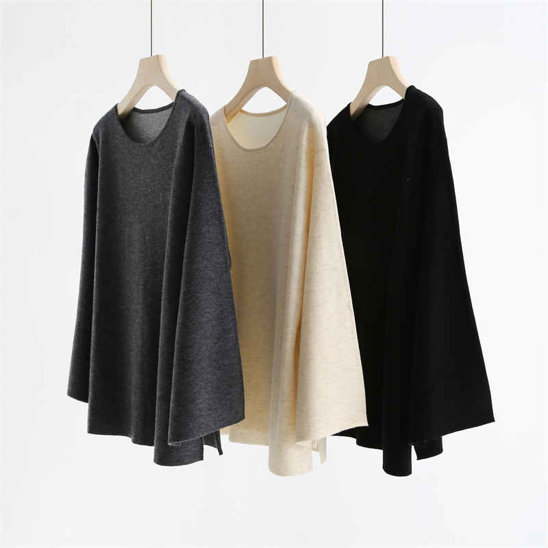 重磅 慵懒风宽松圆领领羊毛针织衫女秋冬新款宽袖口毛衣罩衫A6626