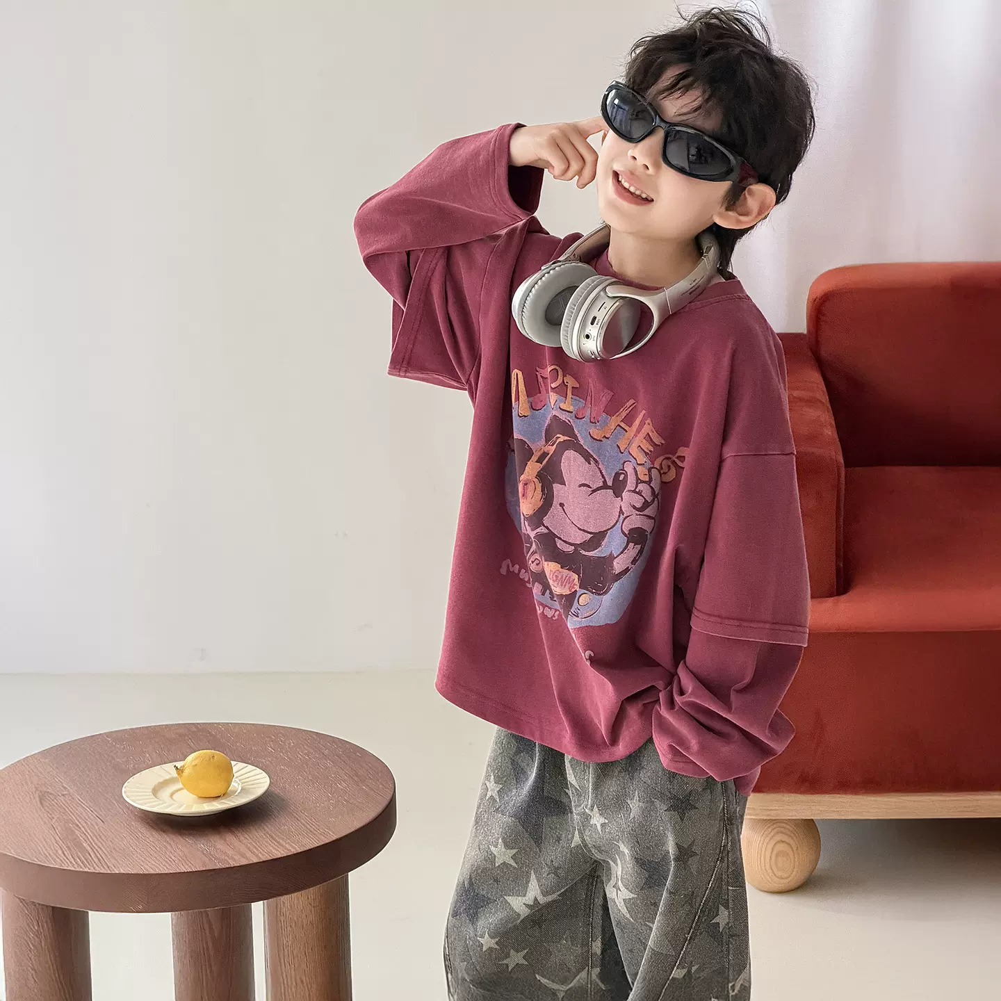 棉小铺男童T恤儿童春季韩版2026新款美式卡通假两件长袖童装上衣