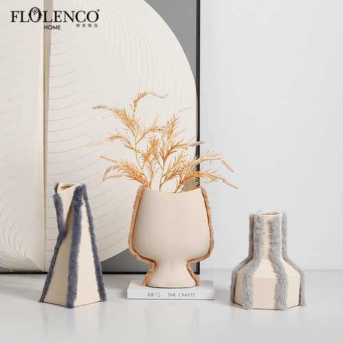 Nordic Minimalist Geometric Flocked Ceramic Vase Sample Room Living Room Sideboard Creative Home Decor Unique Accent