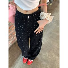大きいサイズのレトロな花柄水玉模様の黒のストレートジーンズ、女性用、春秋、ハイウエスト、スリム、ゆったり、ロング丈、ワイドレッグパンツ