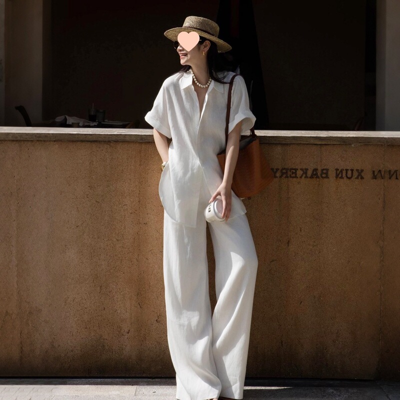 2026 Summer New Casual Breathable Fashion Set for Women Natural Linen Shirt and Wide-Leg Pants Stylish Two-Piece Set