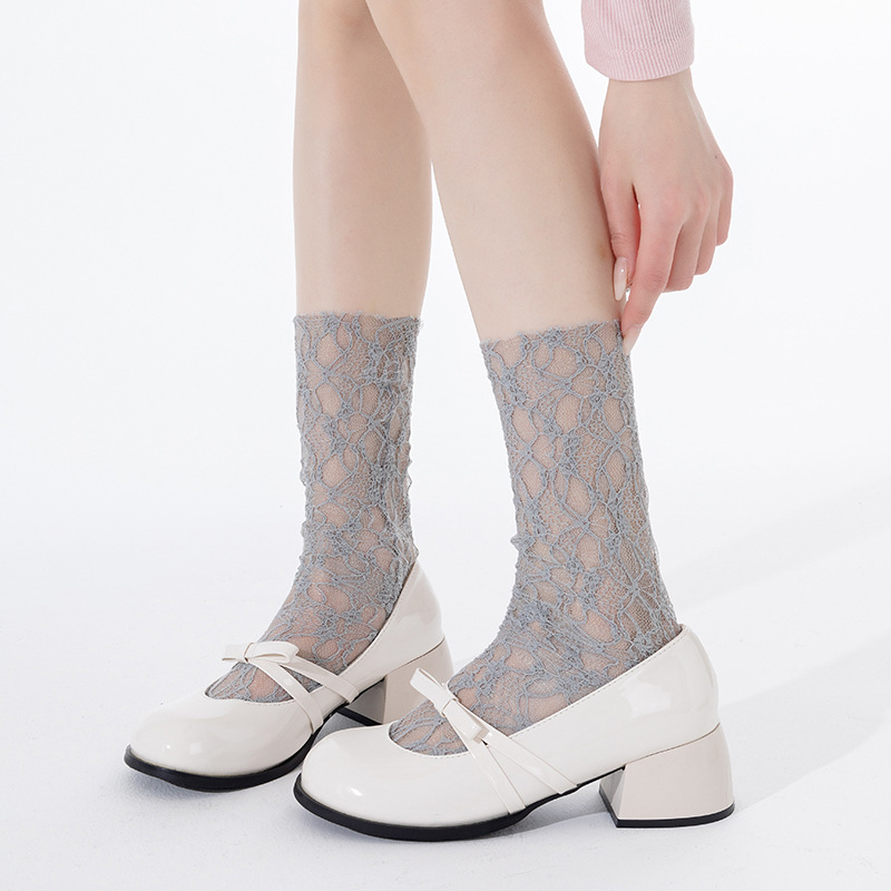 Calcetines de tubo de pila de malla fina de verano Calcetines de encaje blanco lolita para mujer Calcetines de malla estilo ballet miu