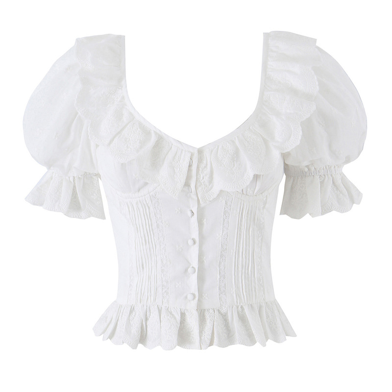 American Retro Ruffled Shirt, Square Collar, Puff Short-Sleeved T-Shirt, Women's Summer Cut-Out Lace Slim-Fitting Waist-Cinching Short Top American Retro Ruffled Shirt, Square Collar, Puff Short-Sleeved T-Shirt, Women's Summer Cut-Out Lace Slim-Fitting Waist-Cinching Short Top