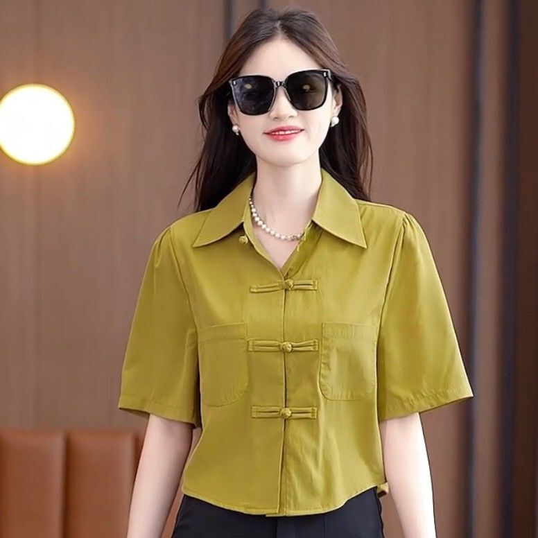 Chinese Style Summer Shirt Loose Solid Color Versatile Shirt Elegant Half-Sleeve Belly-Covering Button-Up Top Women's Shirt