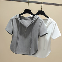 灰色t恤女莫代尔短款夏季2024新款连帽短袖女时尚欧货带拉链上衣