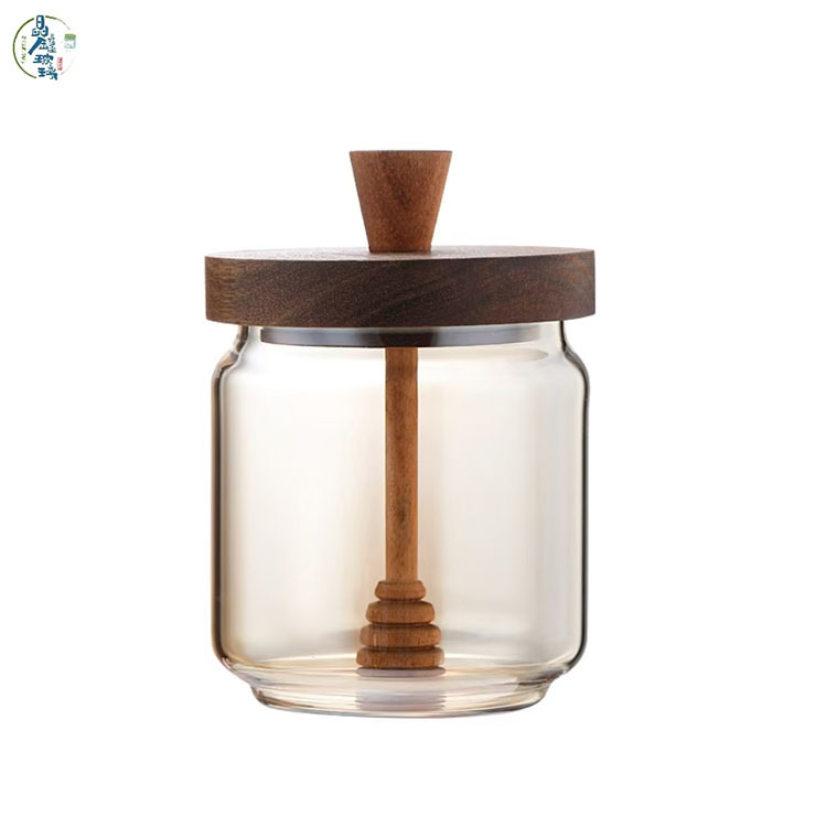Tanque de almacenamiento de madera de acacia, tanque de miel, barra de mezcla transparente con tapa de borosilicato, tanque de vidrio sellado de almacenamiento de cocina