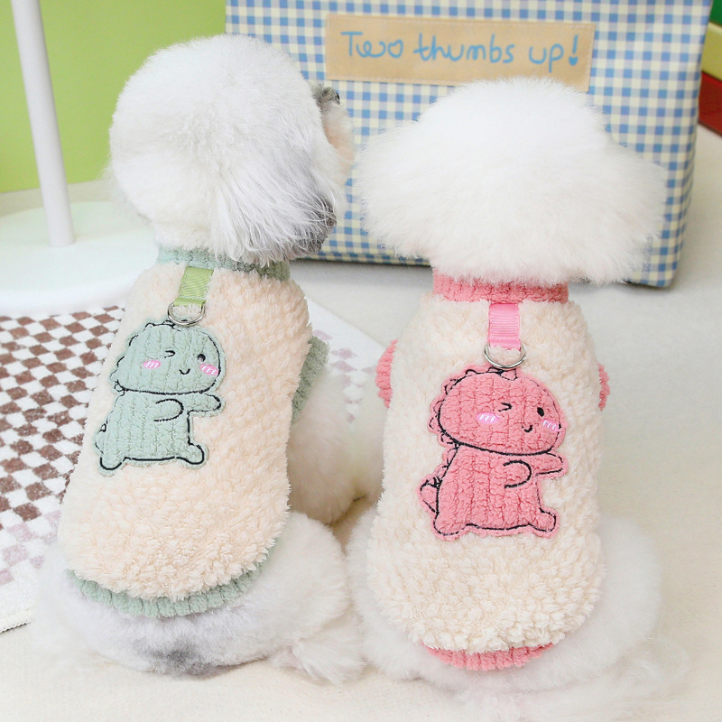 Perro otoño invierno grueso abrigo de terciopelo pequeño dinosaurio con hebilla de tracción ropa de piernas ropa de mascotas al por mayor