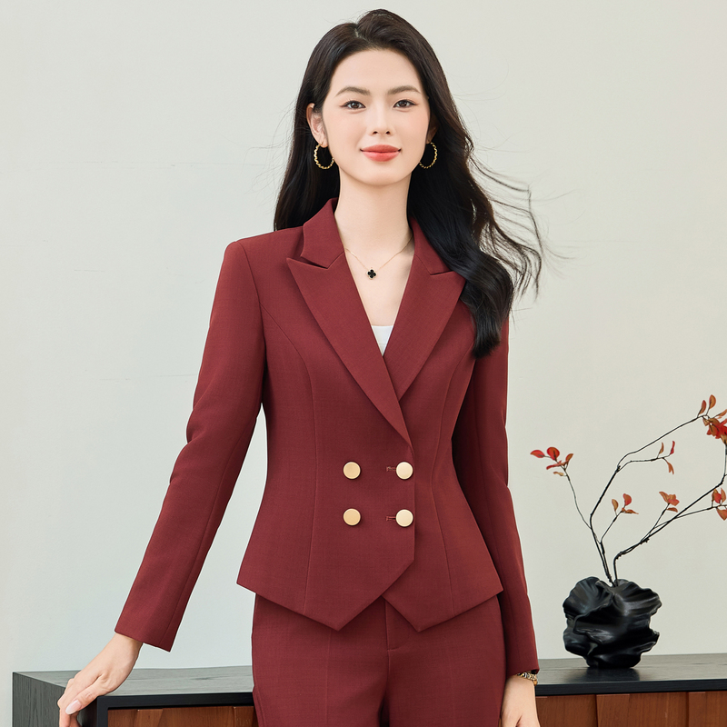 时尚双排扣西服职业套装两件套裤秋冬季短小西装外套女主持人正装|undefined