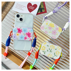 創意花朵翻蓋鏡面手機背夾創意補妝鏡斜挎掛繩支架通用便攜防丟夾