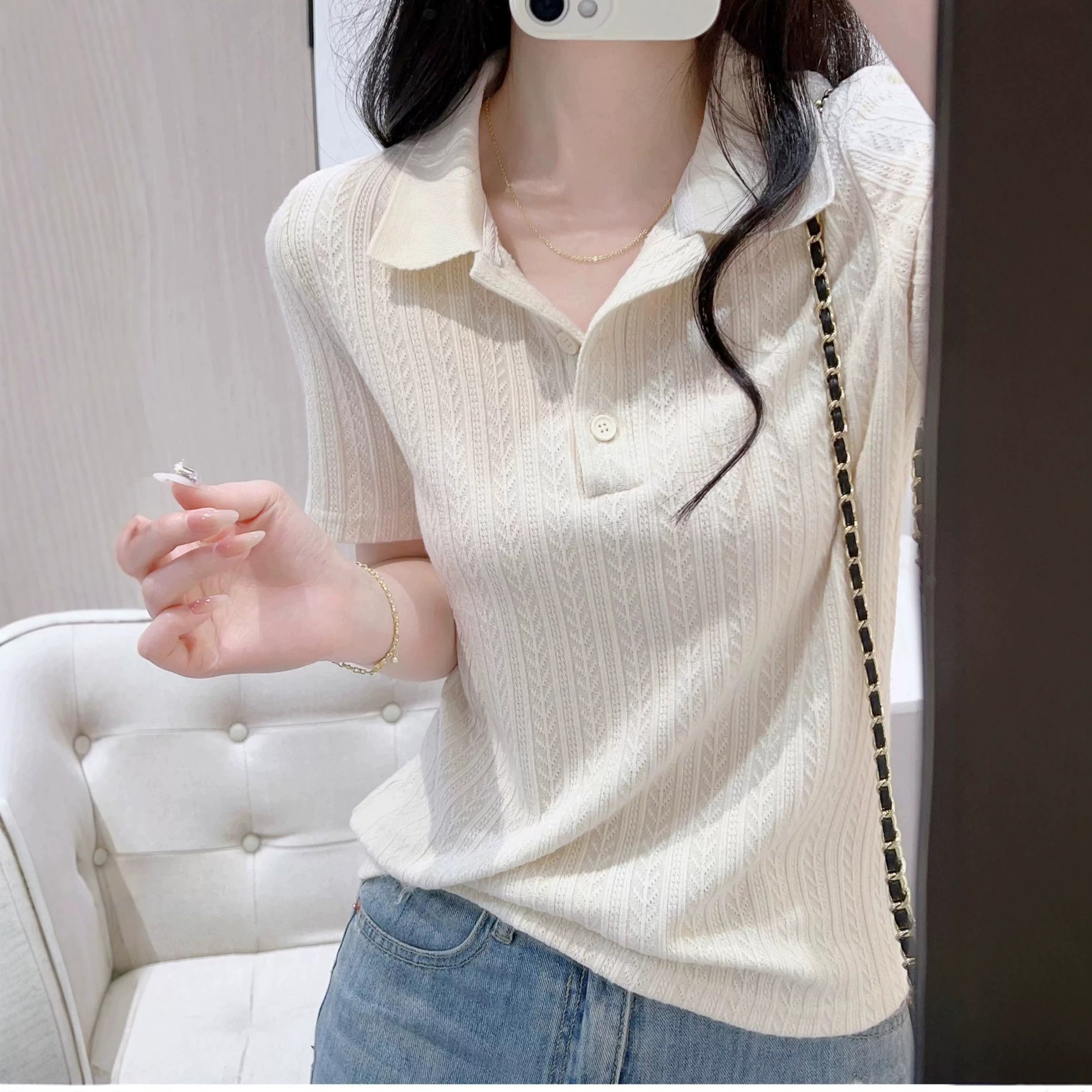 Áo polo nữ ngắn tay dáng ôm, cổ bẻ, phom chuẩn, thiết kế tôn dáng — màu đen chi tiết 3