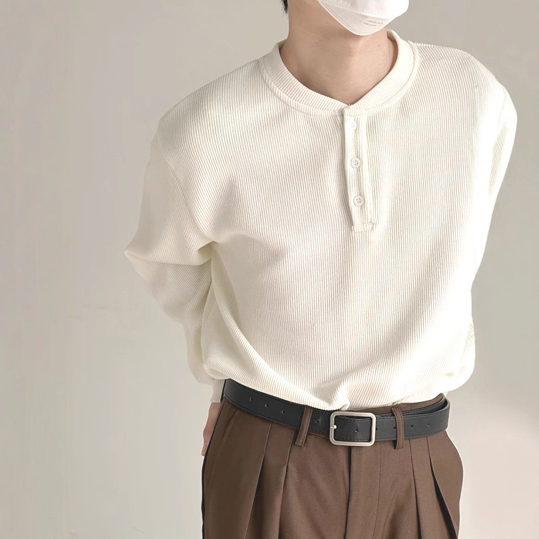 Herrenbekleidung Langarm-T-Shirt, Waffelstrick-Henley-Langarm-T-Shirt für Herren - Strukturierter, lässiger Arbeitspullover mit Knopfleiste_voghion.com