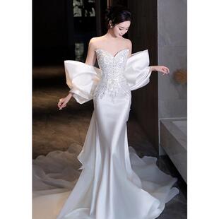 High-End Heavy Industry Embroider Light Wedding Dress Tube Top Fishtail Evening Dress Tail Banquet French Simple Satin Outing Gauze