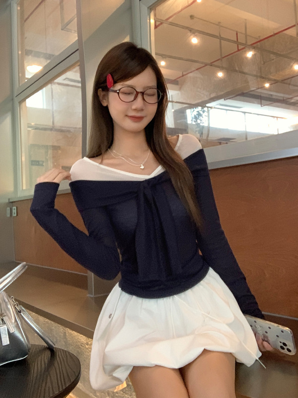 一字肩网纱拼接撞色绑带长袖T恤女2025初秋季显瘦修身打底衫上衣|undefined