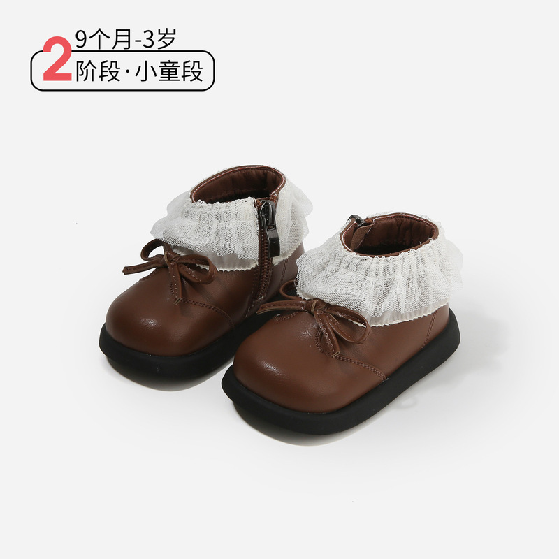 秋季儿童短靴宝宝学步鞋秋冬季新款幼童小皮鞋女童蕾丝公主鞋子|undefined