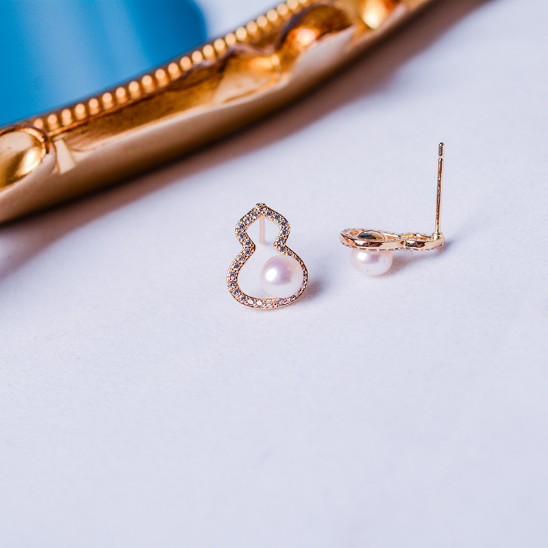French Simple Full-diamond Zircon Gourd Earrings Niche High-end14k Gold-infused Natural Freshwater Pearl Earrings
