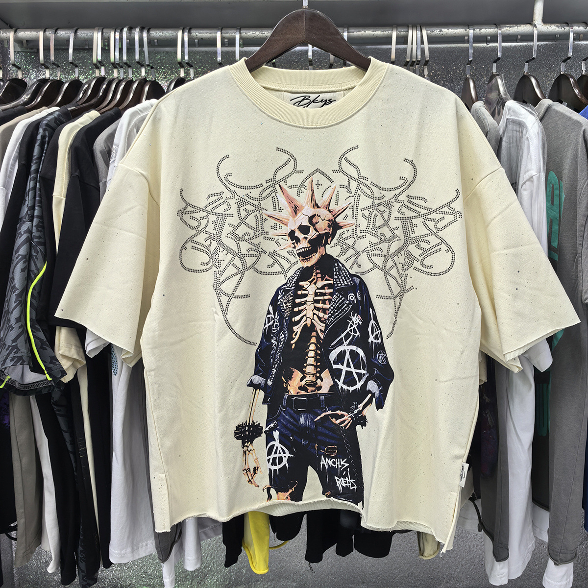 Transfronterizo nueva venta en caliente BKS camiseta de manga corta extraña esqueleto retro lavado de agua caliente perforación en caliente para hombres y mujeres de moda en stock lotes