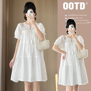 Maternity 2024 Summer New Korean Style Fashion Slimming Lace Hollow Loose A- line Dress Pregnant Women's Dress