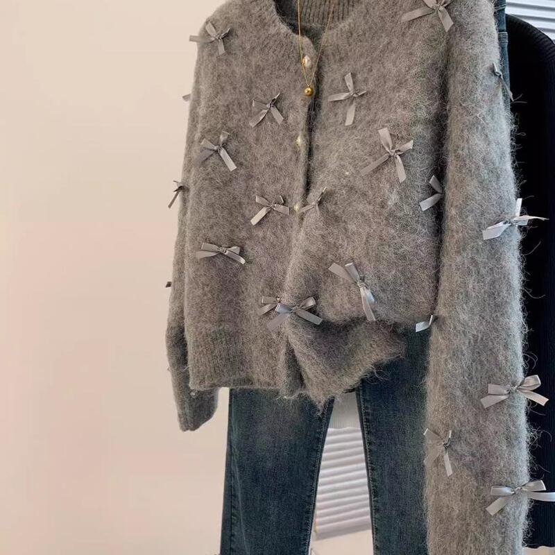 Counter Withdraws Cut Label Grey Bow Mohair Sweater Women's Autumn and Winter New Design Sense Lazy Knitted Cardigan