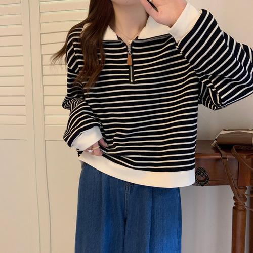 Women's Loose Pullover Hooded Sweatshirt with Half Zip Long Sleeve, Fall American Striped Style