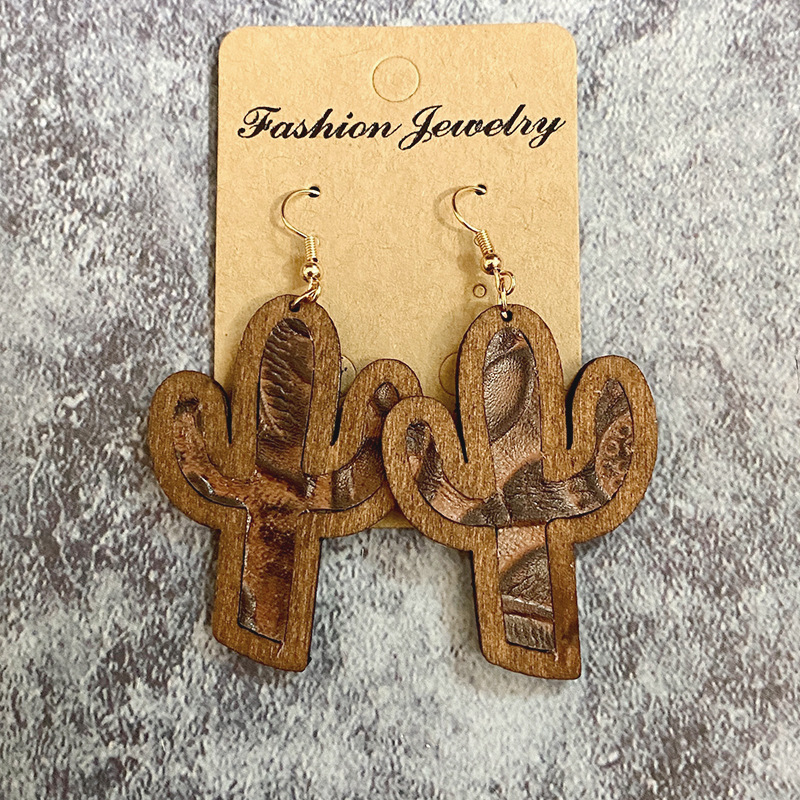 1 Pair Retro Cactus Wood Copper Printing Patchwork Women's Drop Earrings display picture 1