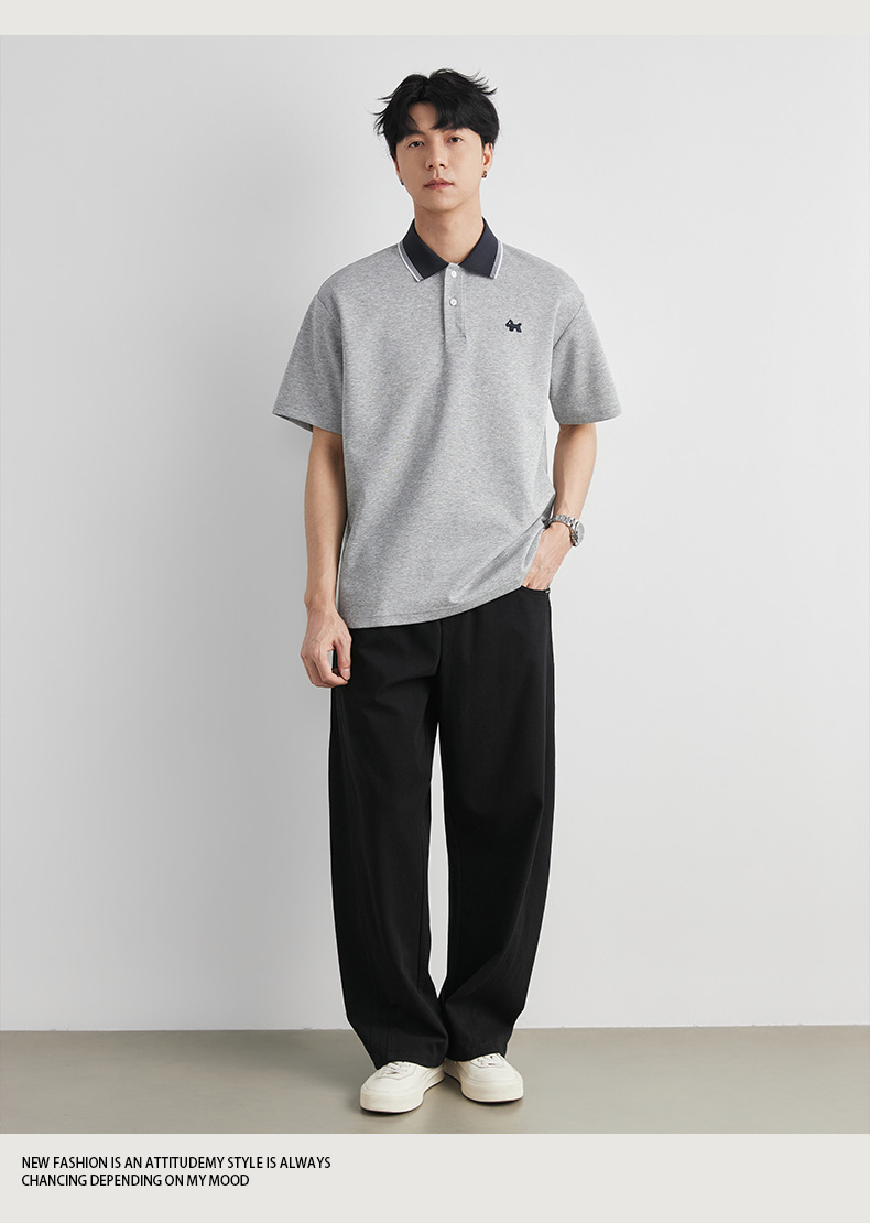 Áo polo nam cổ bẻ họa tiết chó con thêu, tay ngắn, form rộng thả vai — đen chi tiết 12