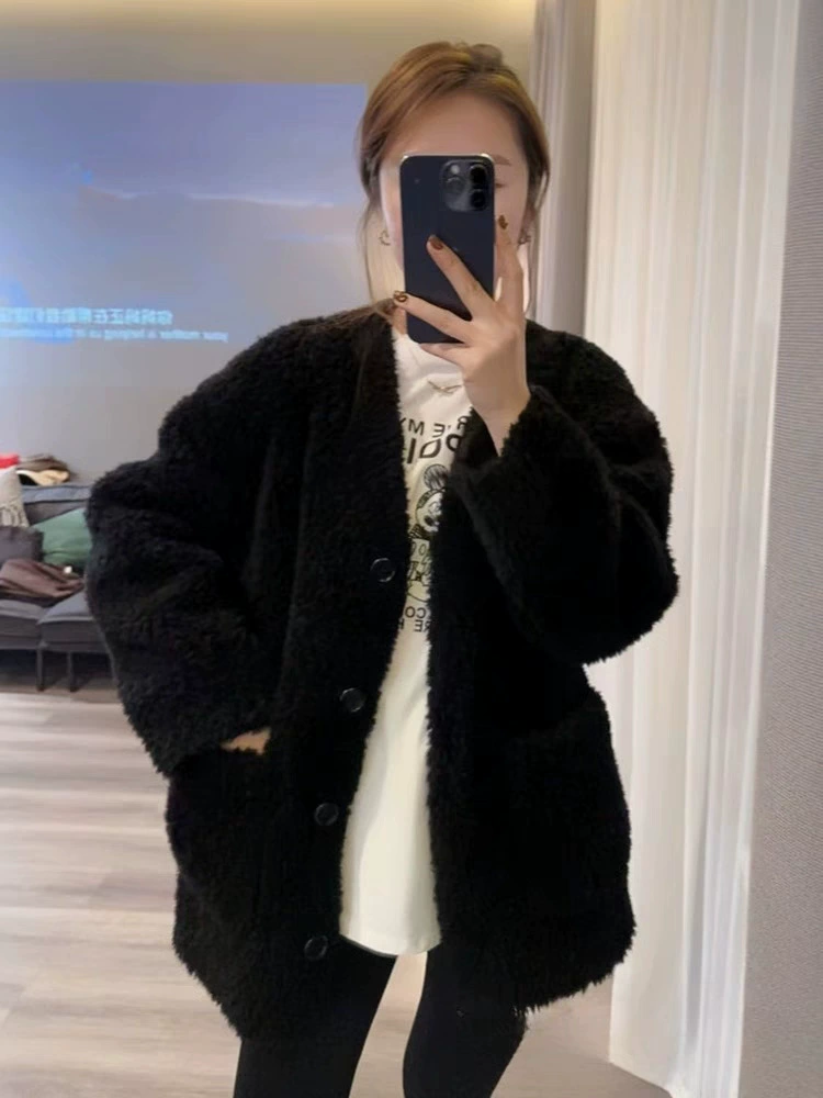 Демисезонное oversize Teddy-шерсть пальто, корейский стиль, V-образный вырез, высококачественный плюш, черный/серый/слоновая кость