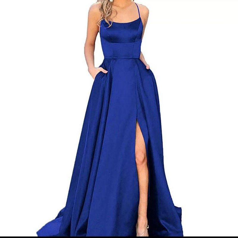 El Comercio exterior europeo y americano Amazon AliExpress deseo vestido de noche de las mujeres sexy Correa simple satén vestido largo