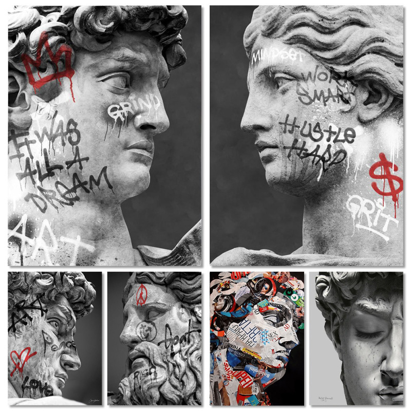 Figure Graffiti Decorative Painting Modern David Black and White Sculpture Portrait Art Canvas Painting Poster Home Entrance Living Room Figure Graffiti Decorative Painting Modern David Black and White Sculpture Portrait Art Canvas Painting Poster Home Entrance Living Room