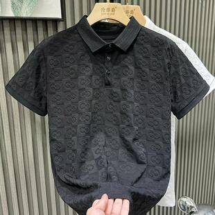 Black Jacquard Casual Polo Shirt Men's 2024 Summer Teen Thin Loose Lapp Short-sleeved T-shirt