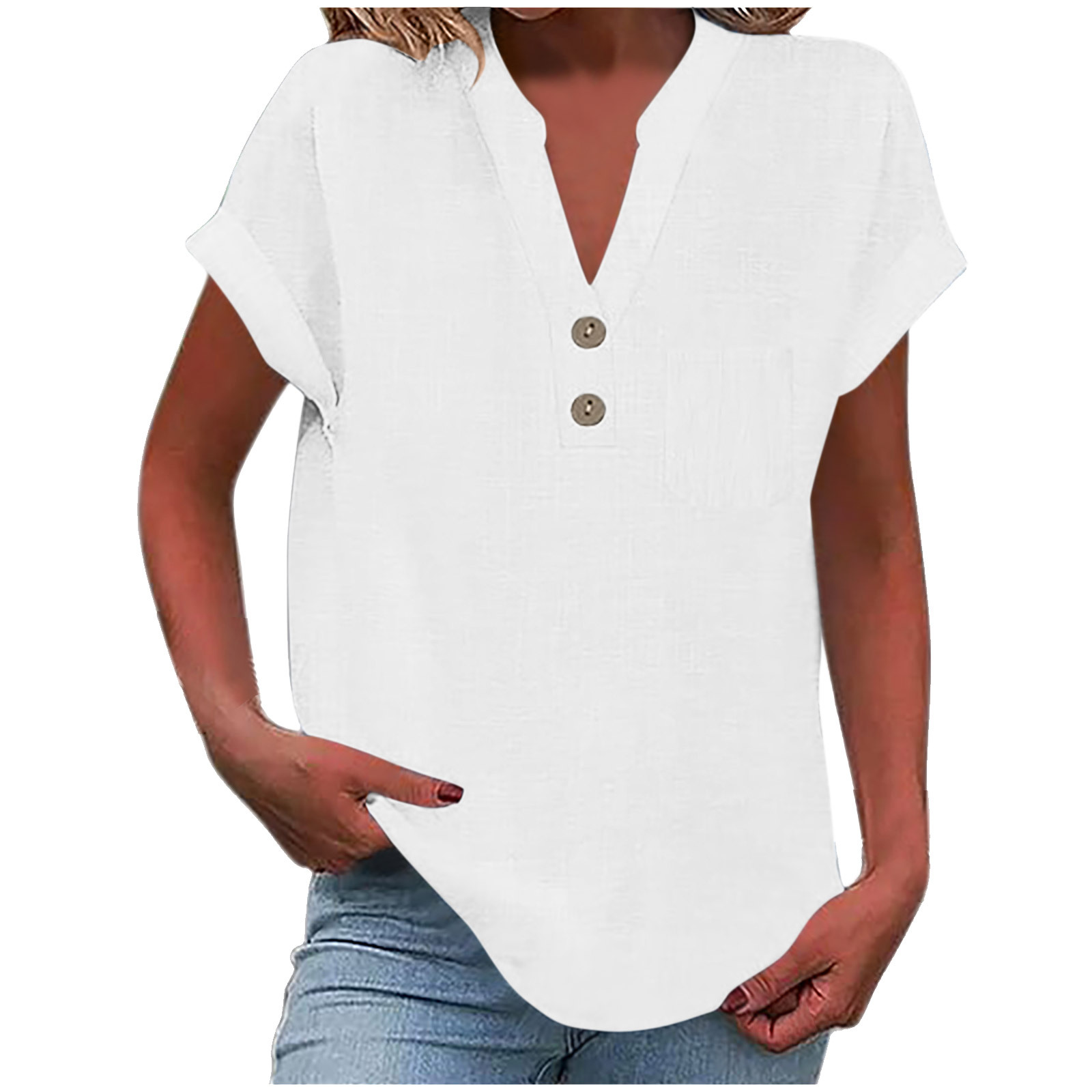 2025 European American Summer Solid Color Buttoned Short-sleeve Women's Shirt, Cotton-linen, Washed, Wrinkled,_ecoleips.com