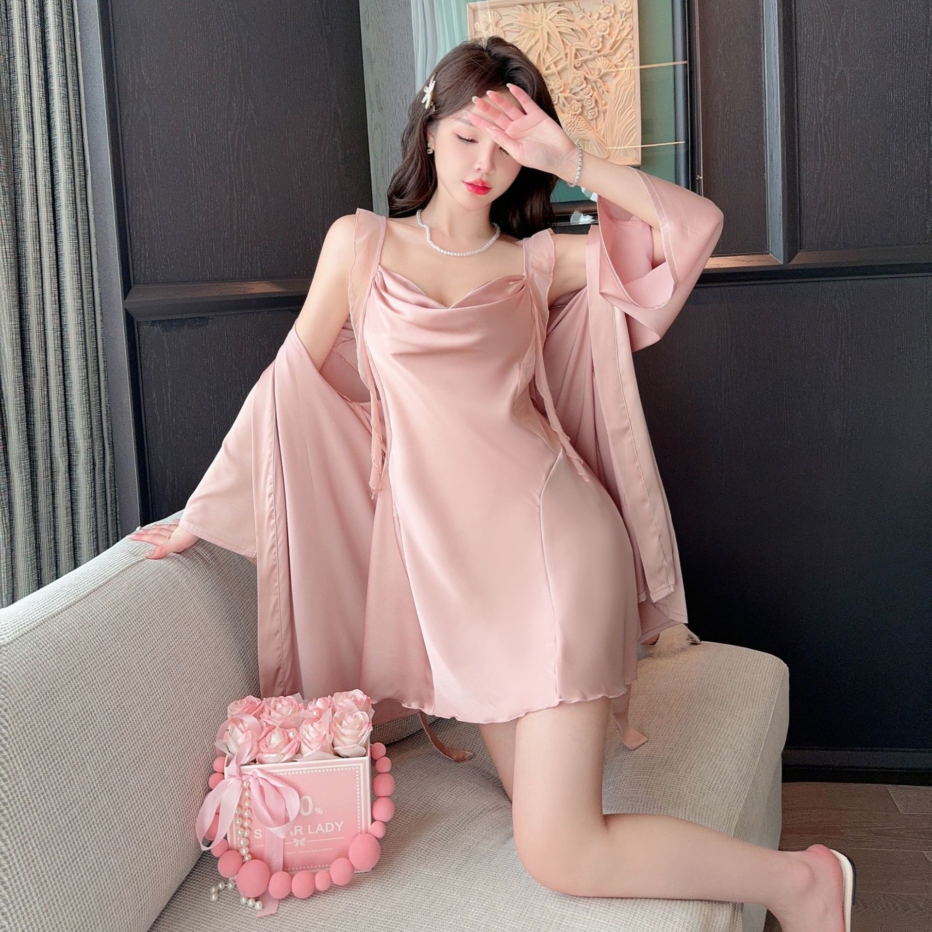 Thin Summer Sexy Women's Ice Silk Pajamas Ribbon Nightgown Sling Spring and Autumn Bathrobe Two-piece Set Live Daifa