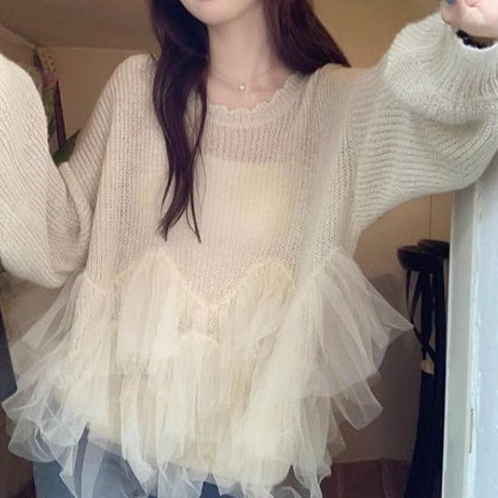 大码300斤胖妹妹网纱拼接毛衣女秋冬新款外穿宽松百搭时尚针织衫|undefined