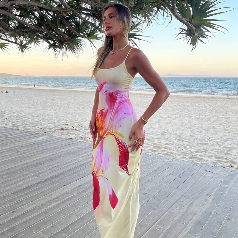 Трансграничный европейский и американский стиль женской одежды 2025 лето новая мода с принтом талия тонкая без рукавов подтяжка бедра платье