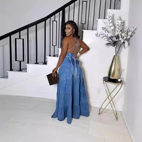 European and American women's cute and sexy V-neck halter dress with backless cake skirt long dress women's dress