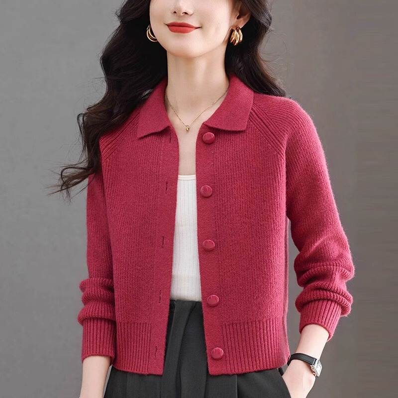 Cardigan Women's Spring New Lapel Knitted Cardigan Petite Short High-Waisted Sweater Jacket