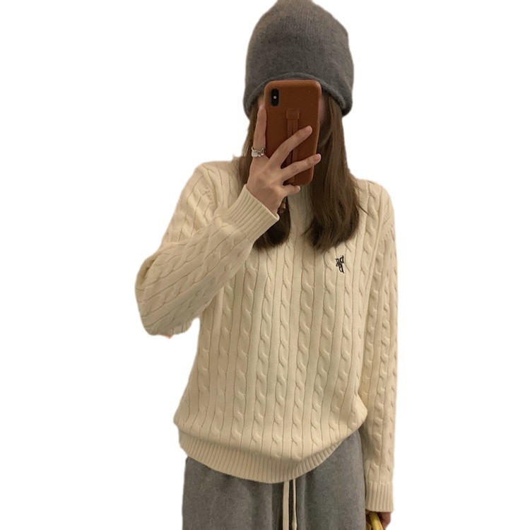 Maglione oversize a girocollo in maglia a trecce spesse in morbido misto lana d'agnello, morbido e caldo per un abbigliamento casual invernale, palette neutra (avorio/rosa/grigio)_voghion.com