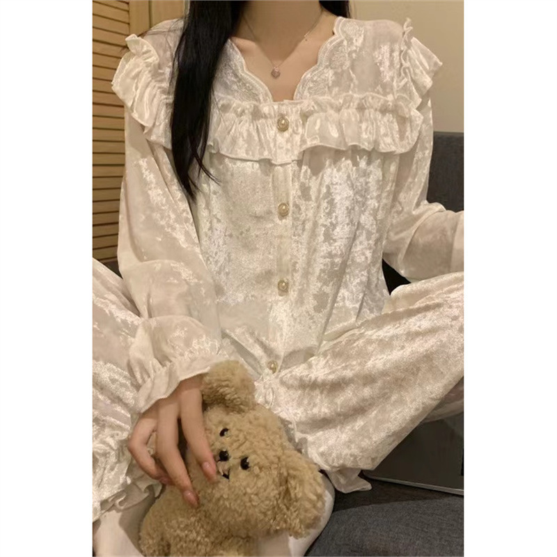 Charli's Ins Autumn/Winter Palace Style Square Neck Ruffled Front Solid Color Glitter Velvet Pajamas Homewear Set