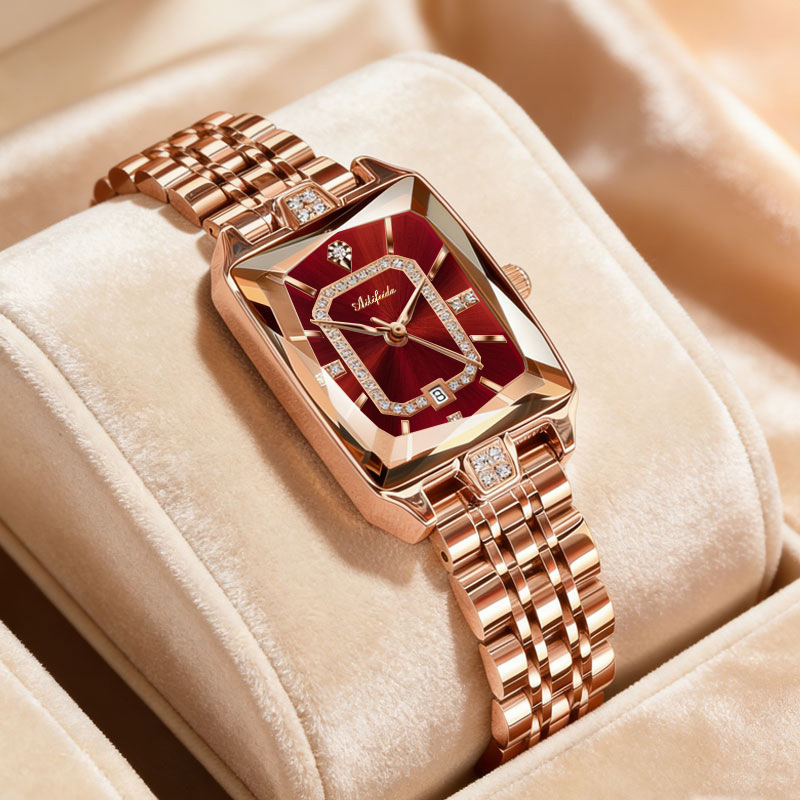 New square women's watch with solid quartz strap, luxurious and waterproof, niche, sweet and fashionable, diamond-set women's wristwatch.