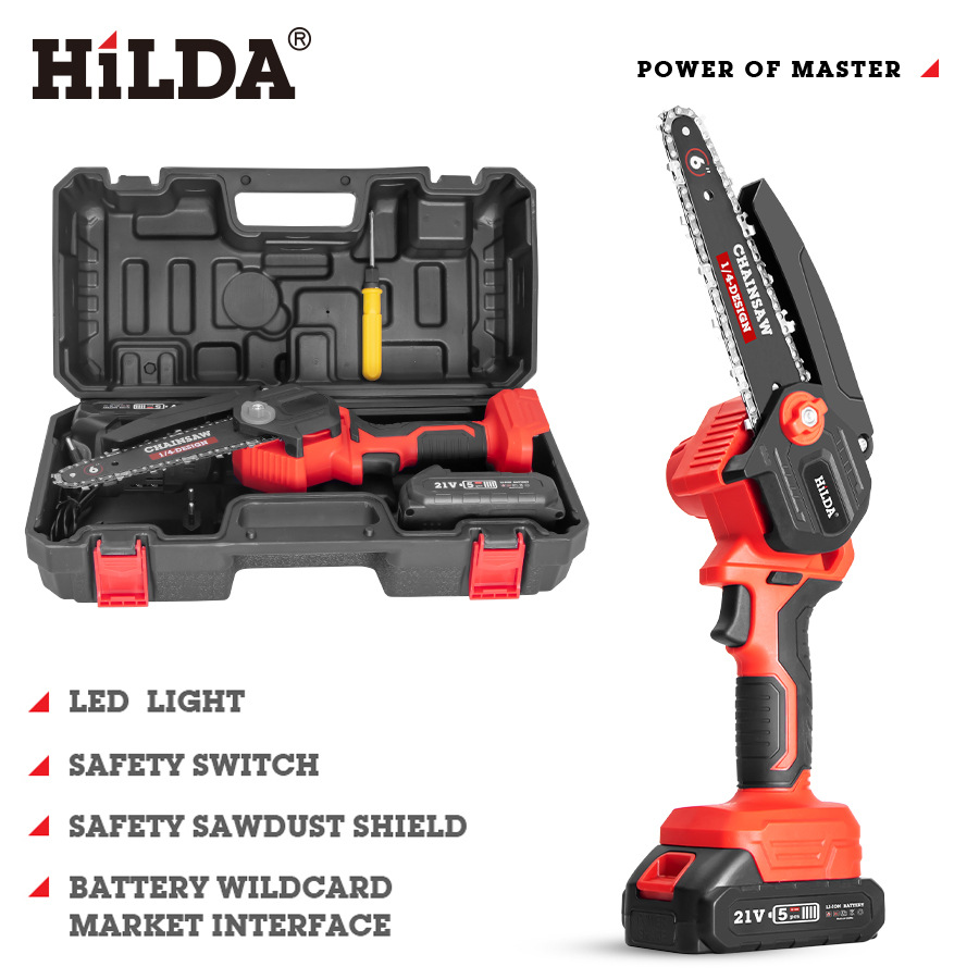 HILDA transfronterizo inalámbrico de 4 pulgadas sierra de cadena eléctrica mini Sierra de carpintería Sierra de cadena eléctrica de litio Sierra de registro de herramientas de jardín comercio exterior