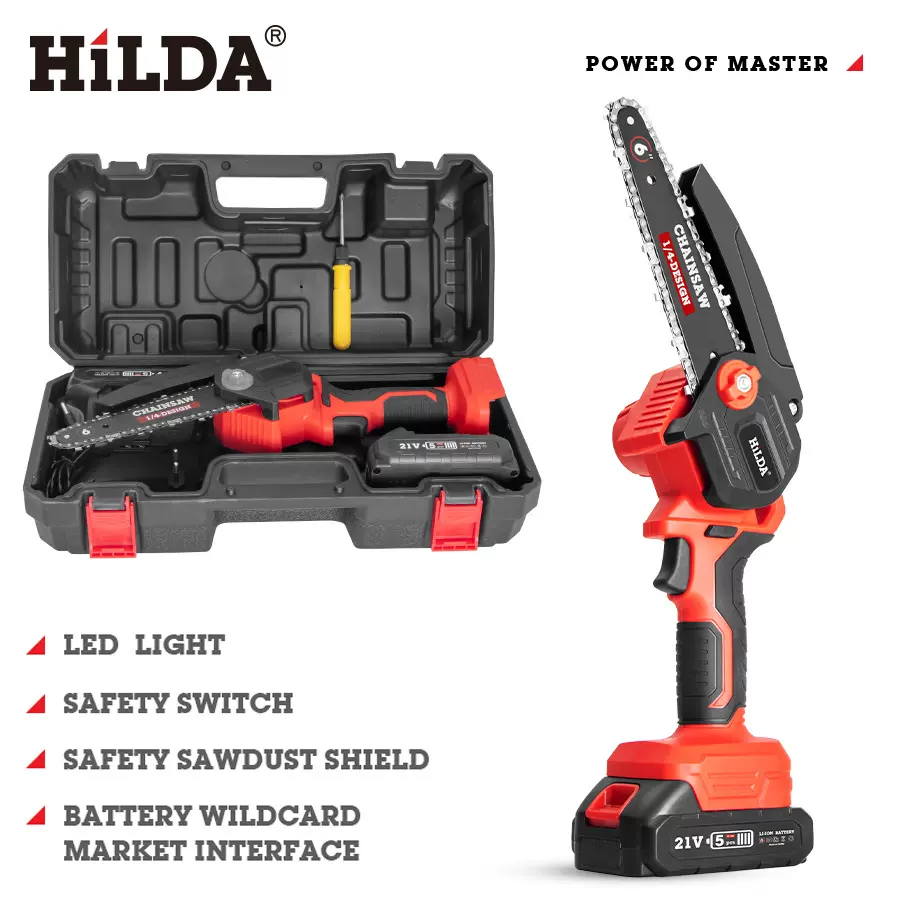 HILDA跨境无绳4寸电链锯迷你木工锯锂电链锯伐木锯园林工具