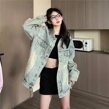 EZEK美式复古街头潮牌做旧洗水牛仔外套女中长款宽松牛仔衣夹克