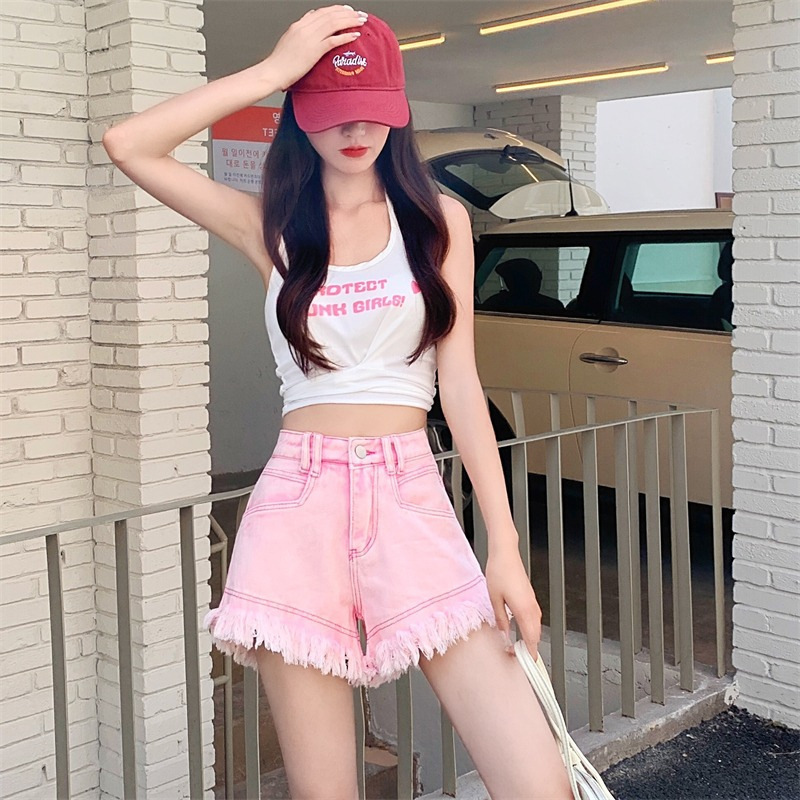 Tassel Fringed Design Denim Shorts for Women, Summer Thin High-Waisted Loose Slimming Korean Style A-Line Hot Pants