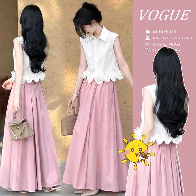 Maternity Wear New Style 2024 Summer Outfit for Petite Women, Sleeveless White Shirt and Pink Skirt Two-Piece Set