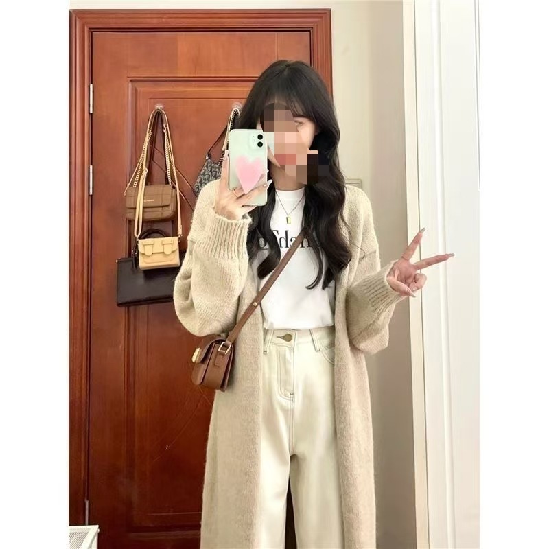 2025春新款女装百搭纯色针织开衫中长款东大门慵懒风秋冬毛衣外套|undefined