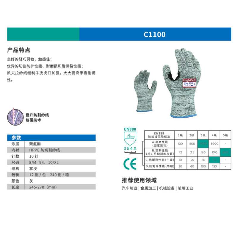 Guantes de protección laboral Dengsheng C1100 hilo anti-corte Guantes de protección reforzada con boca de tigre 5 guantes antideslizantes de trabajo image 3